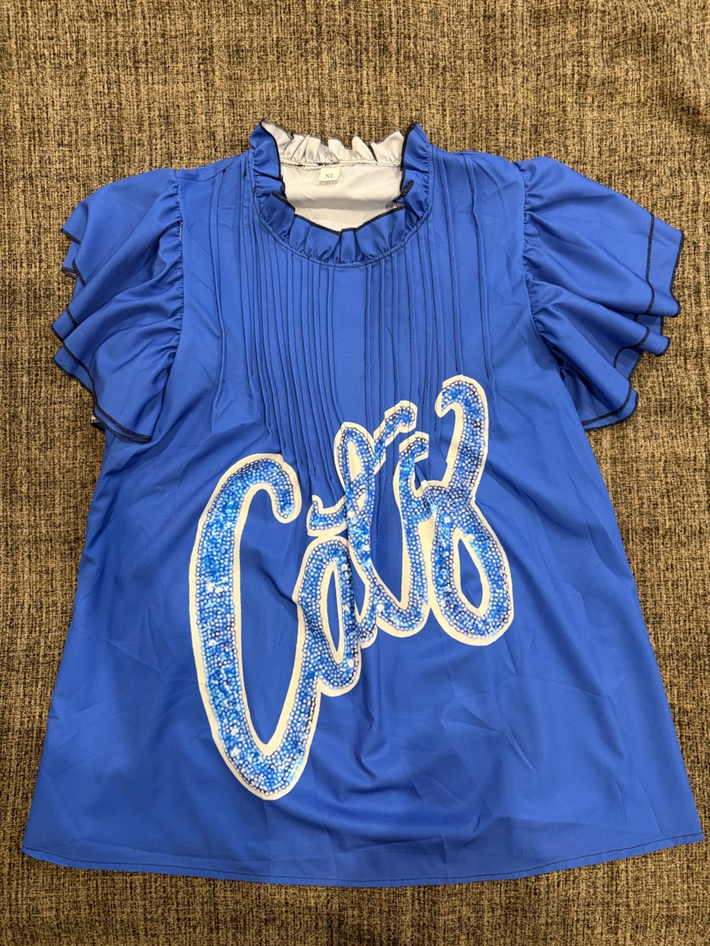 Bright Blue Ruffle Sleeve Blouse with Cats Embellished Script XL
